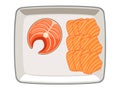 Salmon sliced ÃÂ¢Ã¢âÂ¬Ã¢â¬Â¹ÃÂ¢Ã¢âÂ¬Ã¢â¬Â¹and sliced ÃÂ¢Ã¢âÂ¬Ã¢â¬Â¹ÃÂ¢Ã¢âÂ¬Ã¢â¬Â¹in a plate on a white background